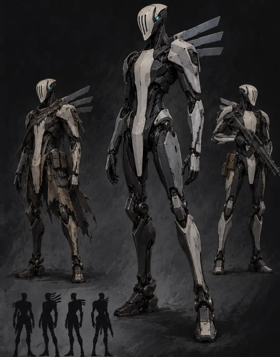 Character sheet for CORE-1: a pale, slim robot with a slotted mask and swept shoulder fins, in three poses (cloaked, standing, holding a rifle), with four silhouettes below