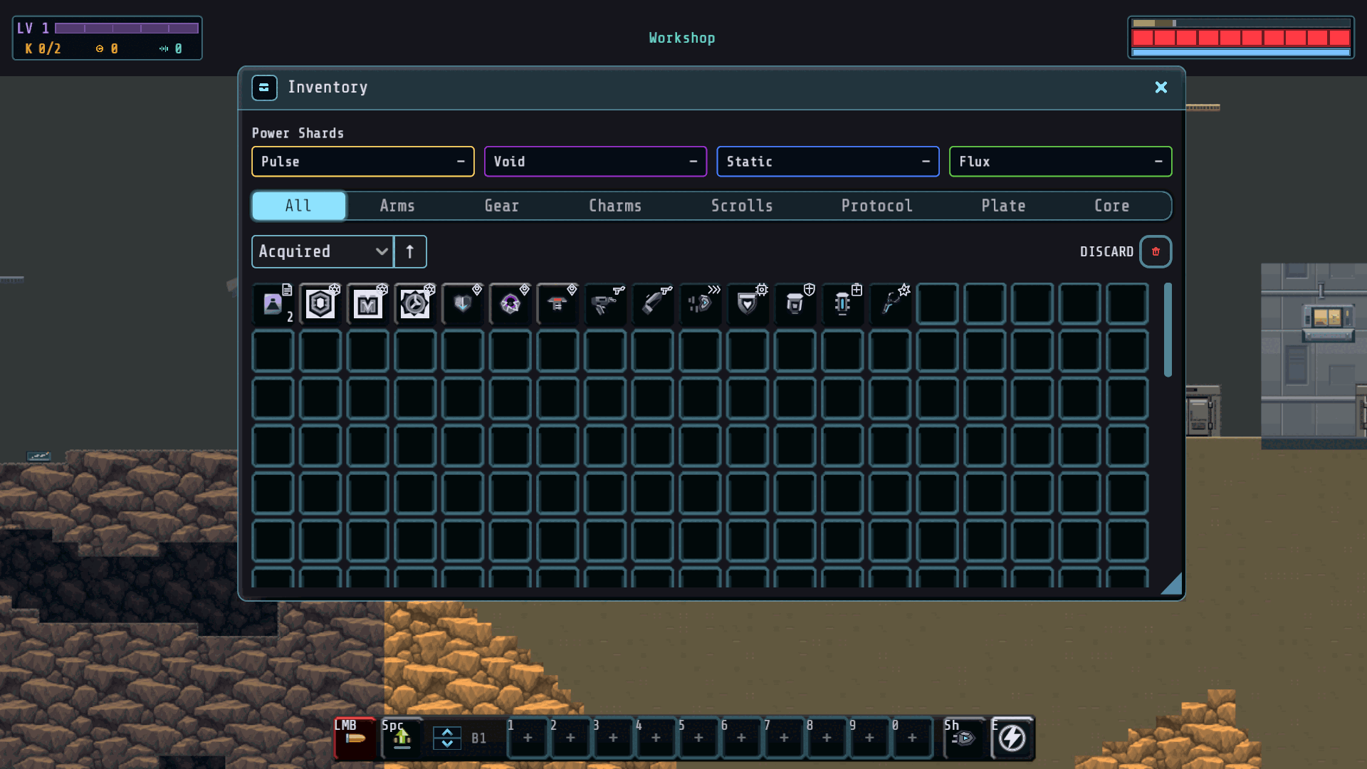 The inventory window with item icons for weapons, gear, charms and protocols, and four element shard slots